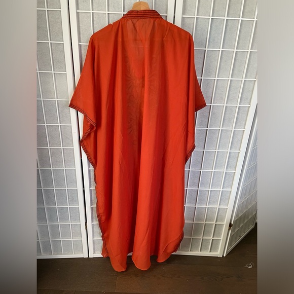 Yoshi Maxi Caftan, Orange with Embroidered black and White Design, One Size. - Picture 2 of 2
